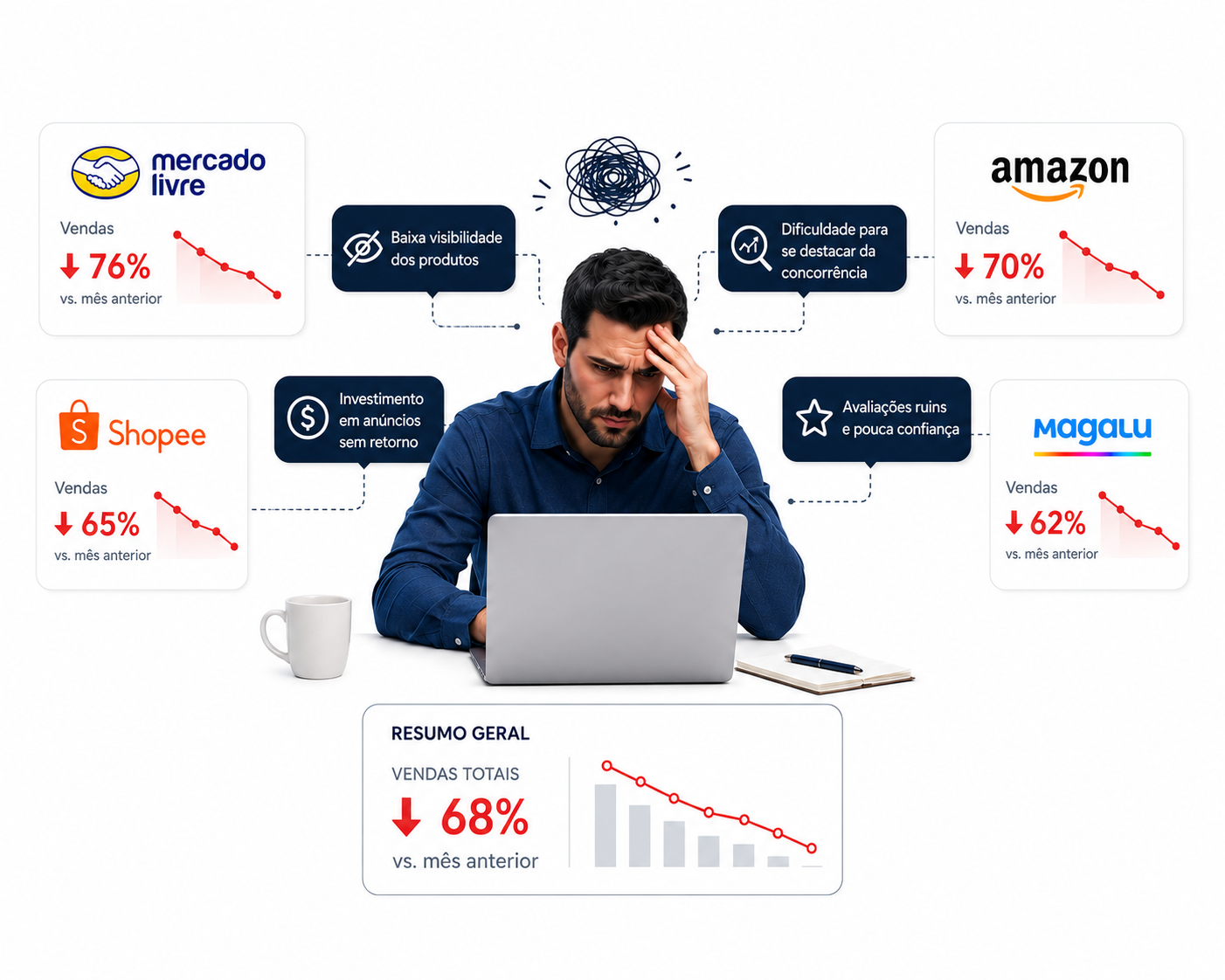 Diagnóstico de vendas em queda nos marketplaces